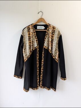 Suttles & Seawinds Cotton Black Open Front Cardigan with Orange Tan Floral Trim